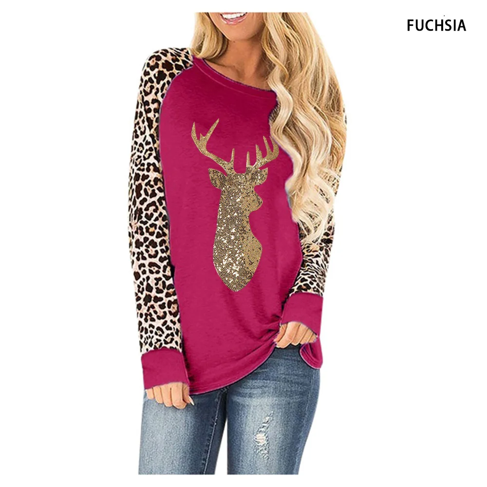 Božič Rumena Sequins leopard Plus Velikost O-Vratu Dolg Rokav majice za ženske do leta 2020 Pade Nov Vrh Tee Femma S-5XL Ženske Oblačila