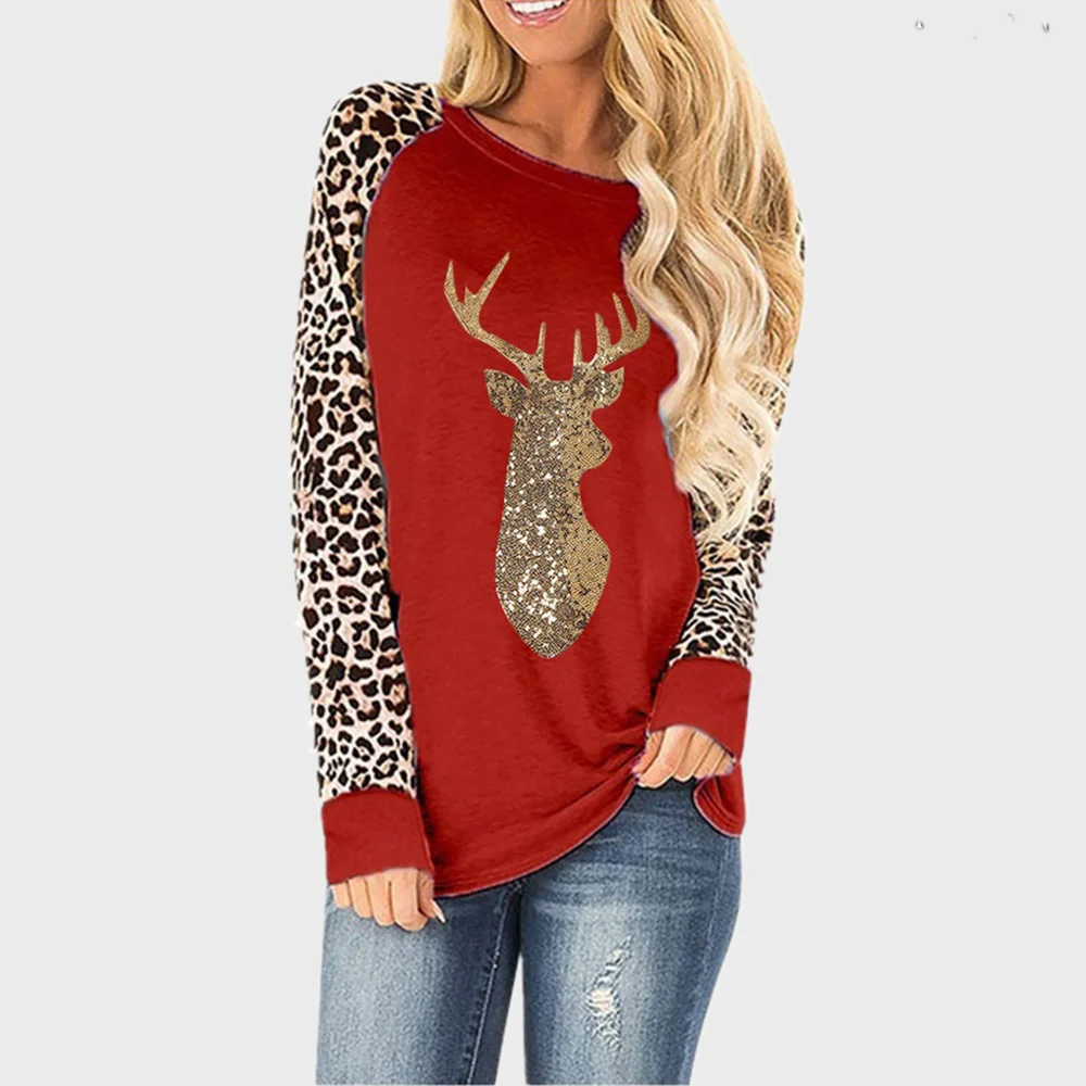 Božič Rumena Sequins leopard Plus Velikost O-Vratu Dolg Rokav majice za ženske do leta 2020 Pade Nov Vrh Tee Femma S-5XL Ženske Oblačila