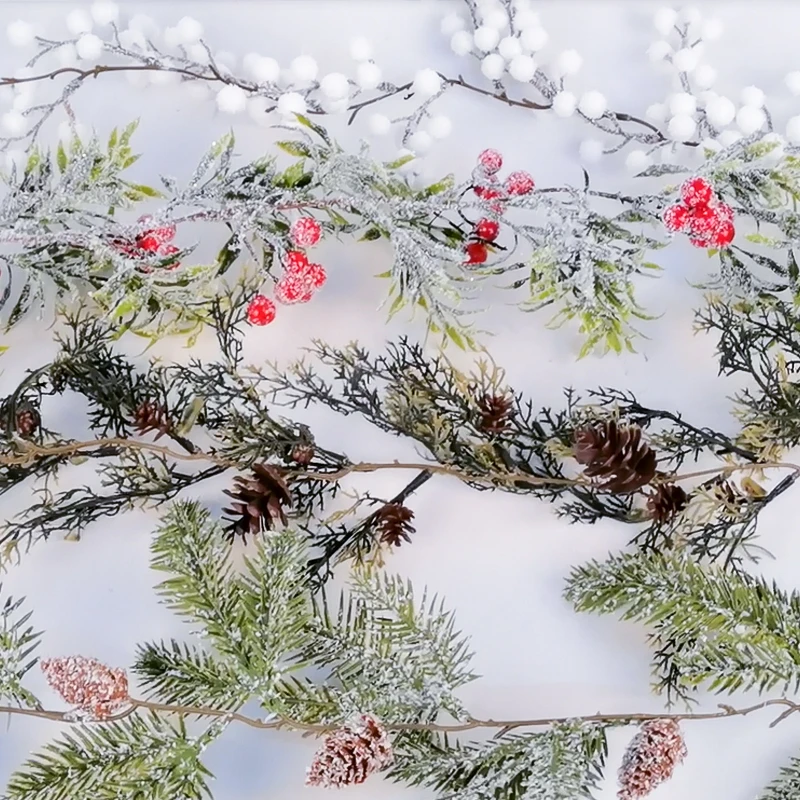 Božič umetnega Ratana Berry cvet veja z pinecone sneg žogo božič holly venec Božično drevo kamin Visi dekor