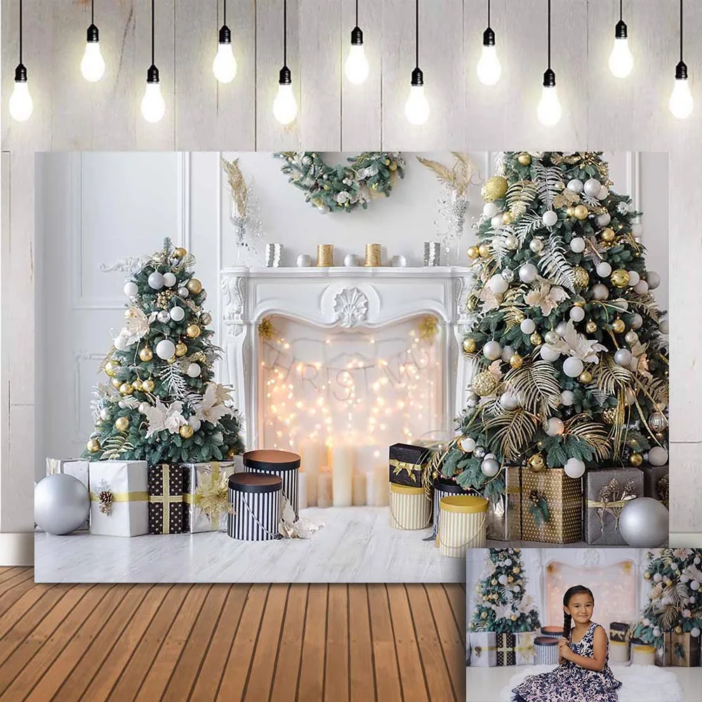 Božično drevo fotografija ozadje novorojenčka portret otroci fotografijo ustrelil bele kamin, v ozadju za foto studio bleščice svetlobe
