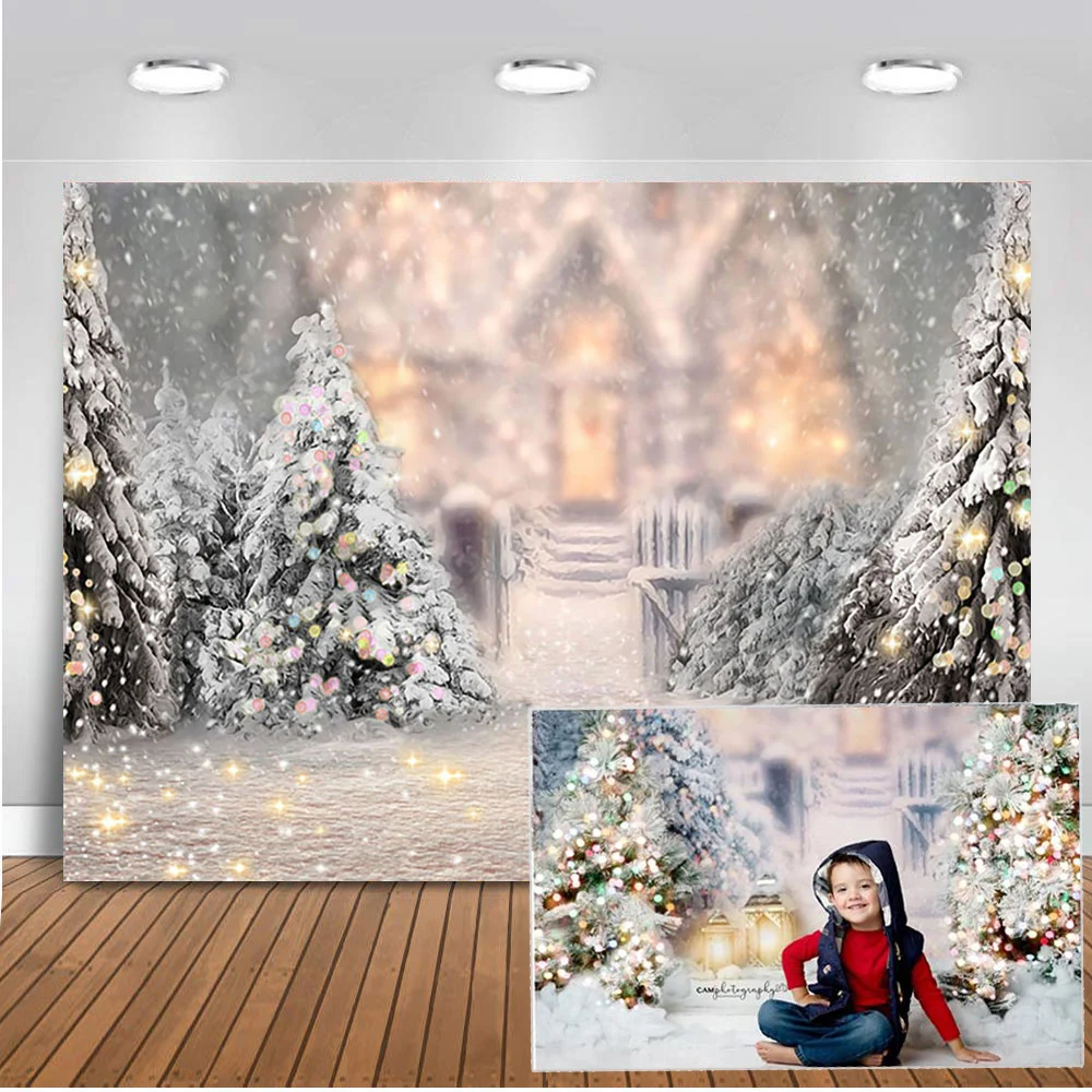 Božično Drevo Pozimi Bleščice Luči Božič Bel Sneg Srečno Novo Leto Fotografija Ozadje za Otroke Portret Studio Photocall