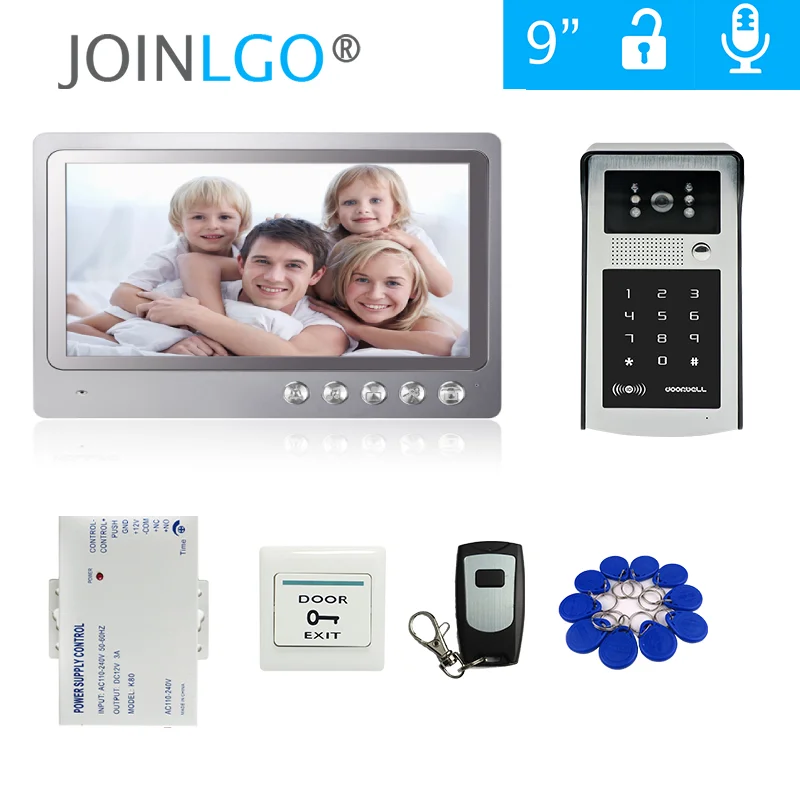 Brezplačna Dostava 9-palčni LCD Zaslon, Video Vrata Telefon Interkom Kit + Prostem, Koda RFID Tipkovnica Število Zvonec Kamera + Remote + Napajanje