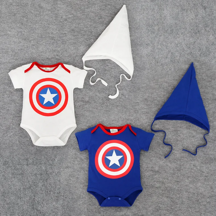 Brezplačna Dostava Baby Boy Bombaž Igralne Obleke Bele Kapetan Junak Kostum Zvezdnik Otroci Oblačila Dva Kosa Tricorne Klobuk Jumpsuits