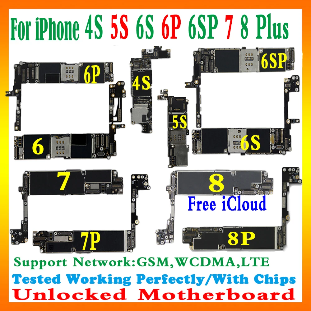 Brezplačna dostava Original za iphone 6s 7 8 Plus 4S 5S Motherboard Odklenjen za iphone 7 8 6 Plus 6s Plus Logiko odbor s Čipi