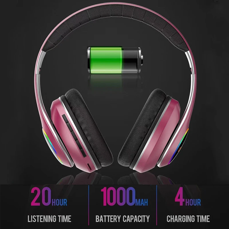 Brezžične Slušalke 1000mAh Baterije Zložljive Bluetooth Slušalke Lučka LED 3D Stereo Čepkov 6 Izenačevalnik Načini Gaming Slušalke