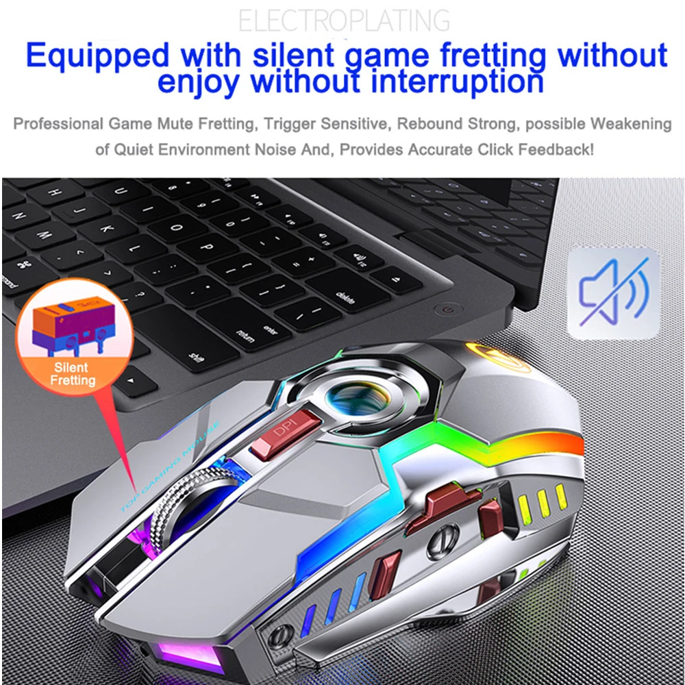 Brezžični Igralne Miške za Polnjenje E-šport, Igra z Miško Tiho Ergonomska 7 Tipke RGB Osvetljen 1600 DPI miška za Prenosni računalnik PC Gamer