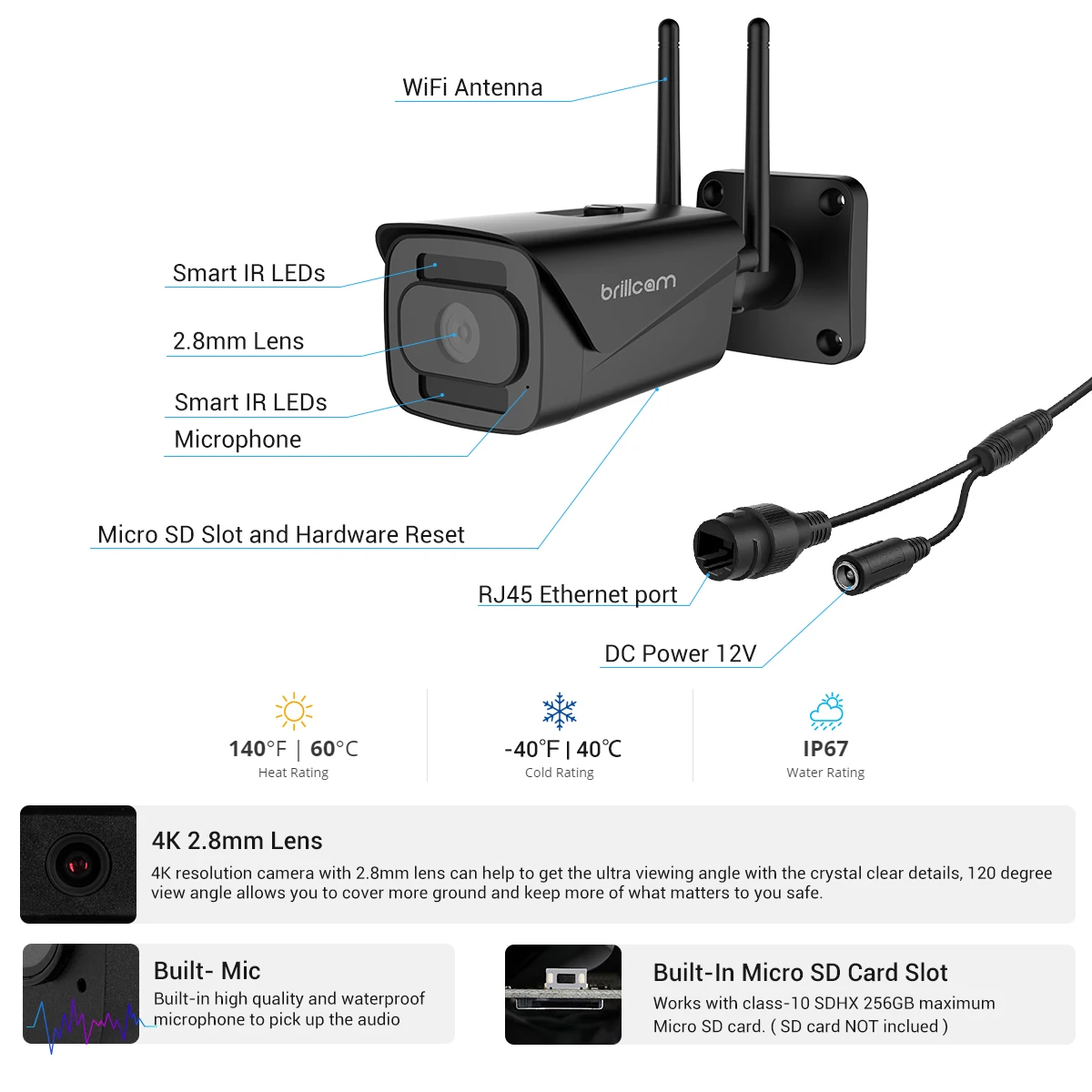 Brillcam Smart WiFi IP Kamera Zunanja 4K Nightvision Nepremočljiva IP67 Avdio Bullet Fotoaparat 8MP 2,8 Mm Varnostne Kamere Micro Sd Slot,