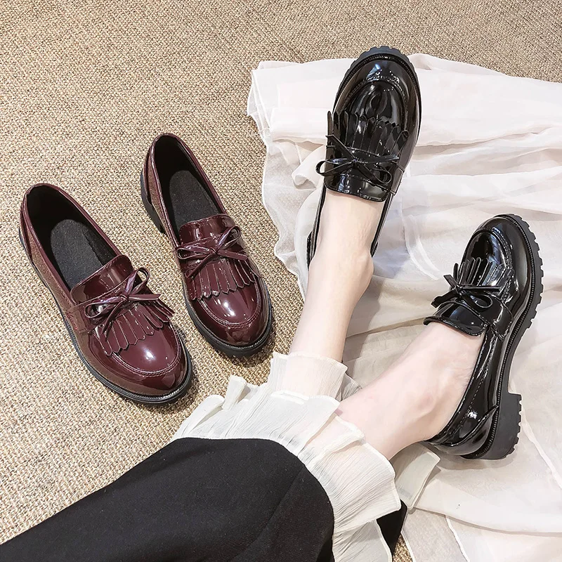 Britanski stil majhen usnjeni čevlji ženske 2020 pomlad novo stopala debele pete eno čevlji rese Kitajski pete korejski priložnostne čevlji
