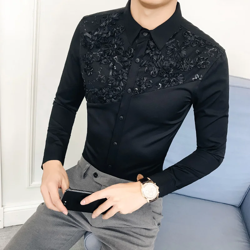 Britanski Stil moška Majica Priložnostne Slim Krojenje, za Moške Seksi Čipke Mozaik Majica Dolg Rokav Casual Moški Socialne Shirt Obleko Klub