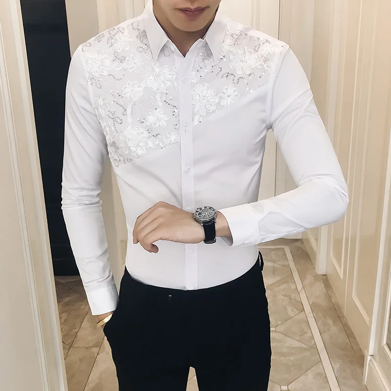 Britanski Stil moška Majica Priložnostne Slim Krojenje, za Moške Seksi Čipke Mozaik Majica Dolg Rokav Casual Moški Socialne Shirt Obleko Klub