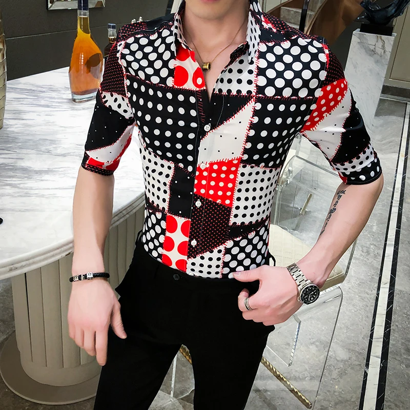 Britanski Stil Poletje Moških Polka Dot Majica Fashion 2020 Ulične Pol Rokavi Moški Priložnostne Majice Slim Fit Klub Jopičem Obleko 3XL-M
