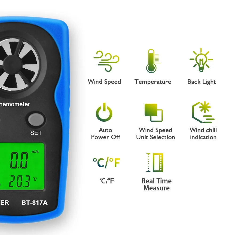 BTMETER BT-817A Hitrost Vetra Meter,Ročni Anemometer Digitalni Merilnik Termometer,Air Hitrost&Merjenja Temperature za ogrevanje, prezračevanje in