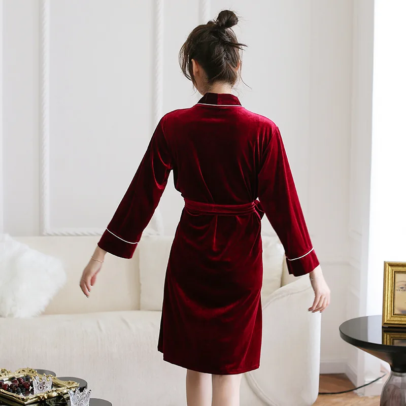 Burgundija Ženska Velur Kimono Spanja Haljo Proti-Vrat Pižamo Sleepwear Pomlad Lady Domov Nositi Nightgown Kopalne Obleke Sleepshirts M-XL