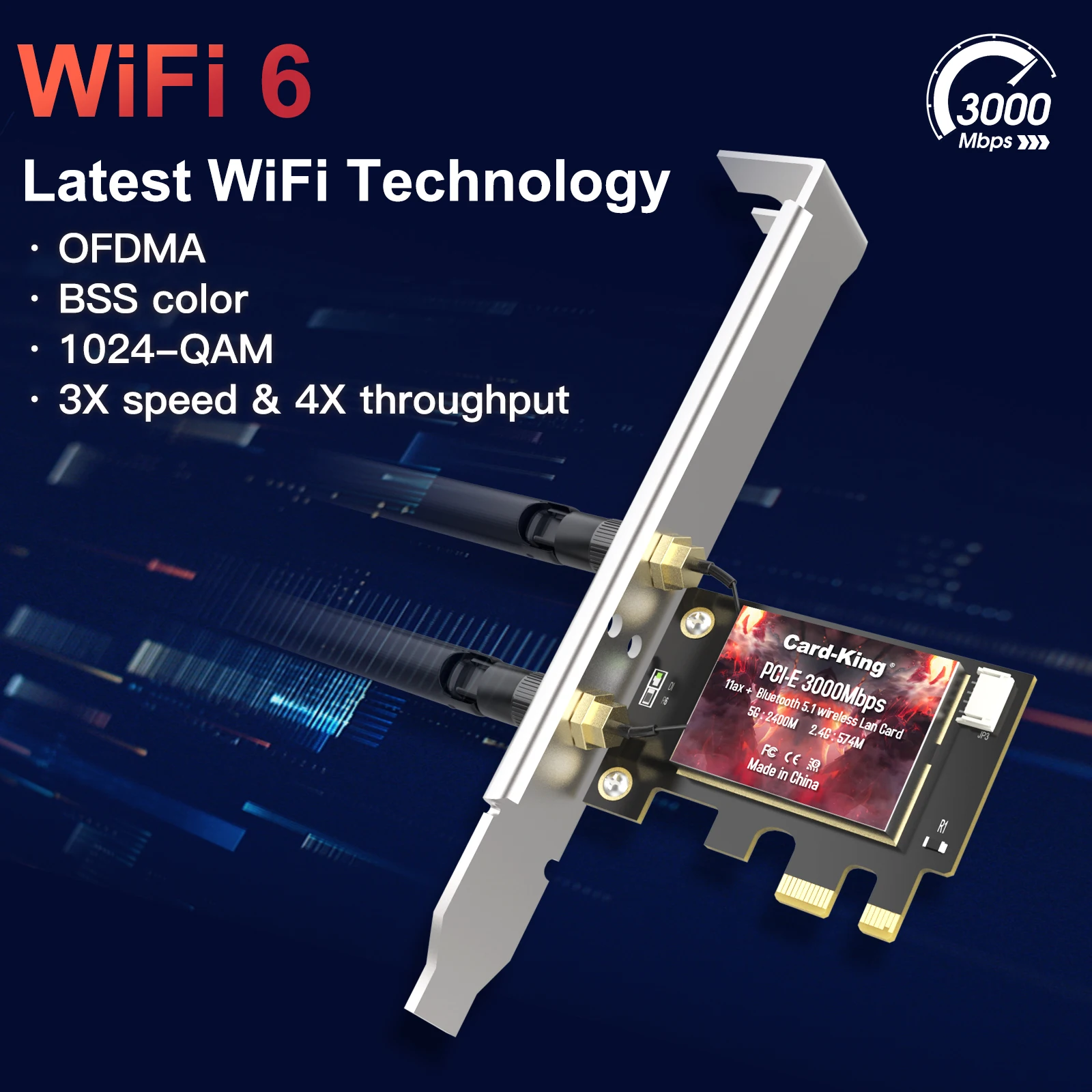 CardKing 3000Mbps WiFi Adapter 6 PCI Express 802.11 AC/AX Intel AX200 PCIe Network Card 2.4 G/5GHz Bluetooth 5.1, Wi-Fi Dual Band