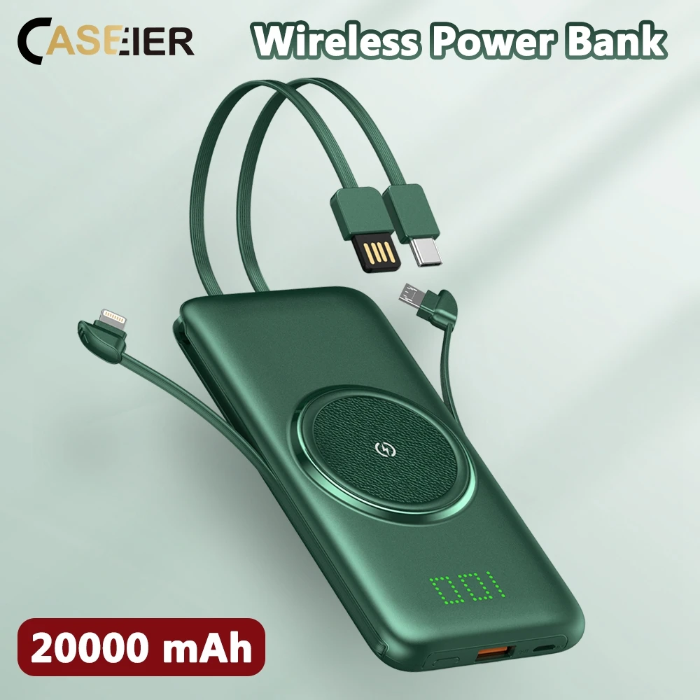 CASEIER 20000mAh Brezžični Moči Banke Z Kabel Za Telefon Nevidna Moč Zaslon Powerbank 10000mAh Prenosni Zunanje Baterije