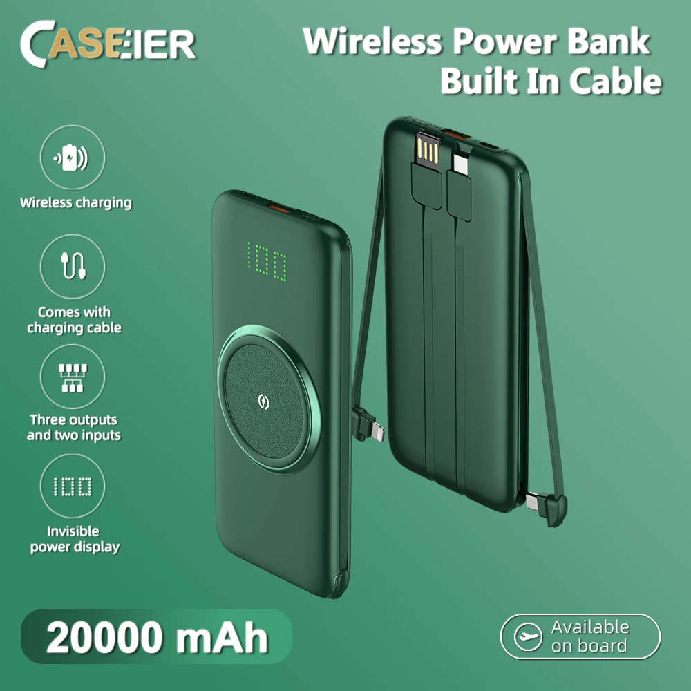 CASEIER 20000mAh Brezžični Moči Banke Z Kabel Za Telefon Nevidna Moč Zaslon Powerbank 10000mAh Prenosni Zunanje Baterije
