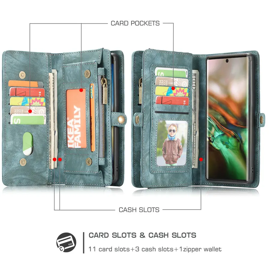 CaseMe Ohišje Za Samsung Galaxy Note 20 Ultra 10 Plus 2 v 1 Snemljiv Denarnica Usnje Kartice Flip Kartico Zadrgo Opomba 20 10 + Primeru