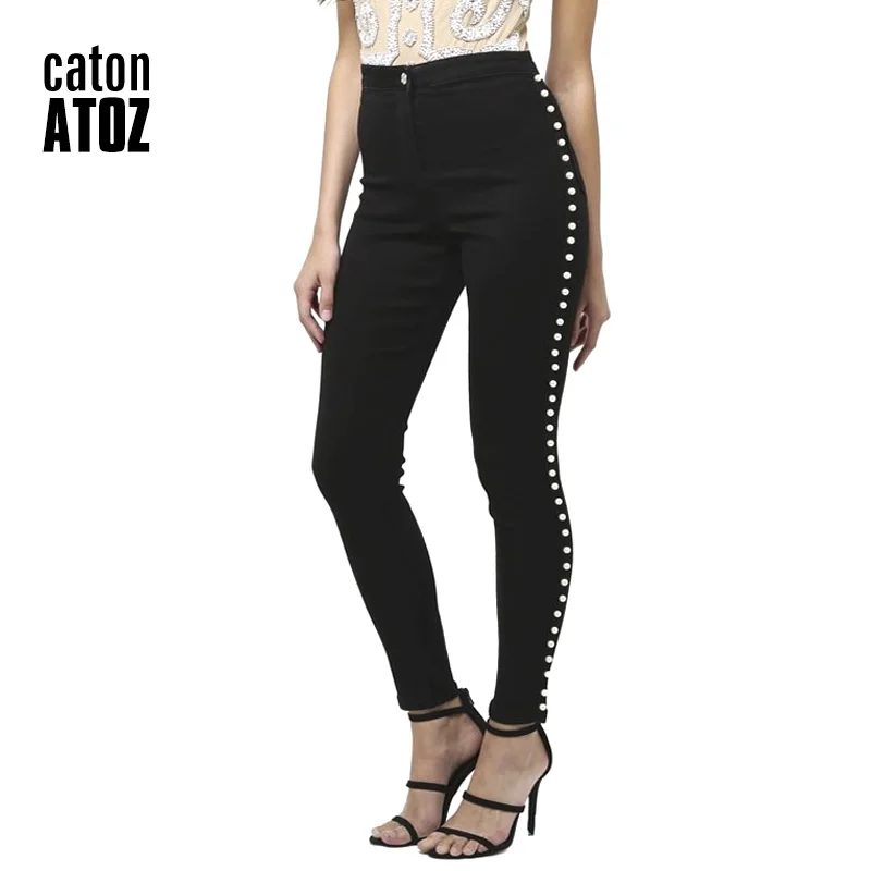 CatonATOZ 2179 Žensk Velik Plus Velikost Visoko Pasu Strani Pearl Skinny Jeans Traper Hlače Stretch Hlače Jeans Za Ženske