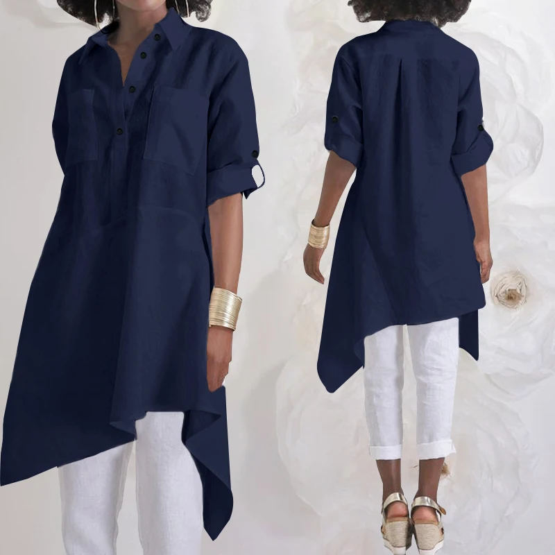 Celmia 5XL Vintage Bluze, Ženske Gumbi Asimetrični Dolge Srajce 2021 Jeseni River Dolg Rokav Priložnostne Svoboden Tunika Top Plus Velikost
