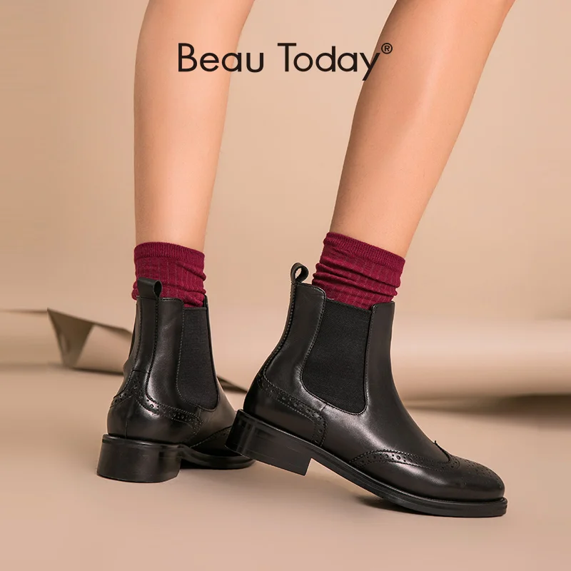 Chelsea Škornji Ženske Brogue Boot BeauToday Čisto Pravega Usnja Wingtip Kakovosti Napa Usnje Gleženj Čevlji Ročno Plus Velikost 03026