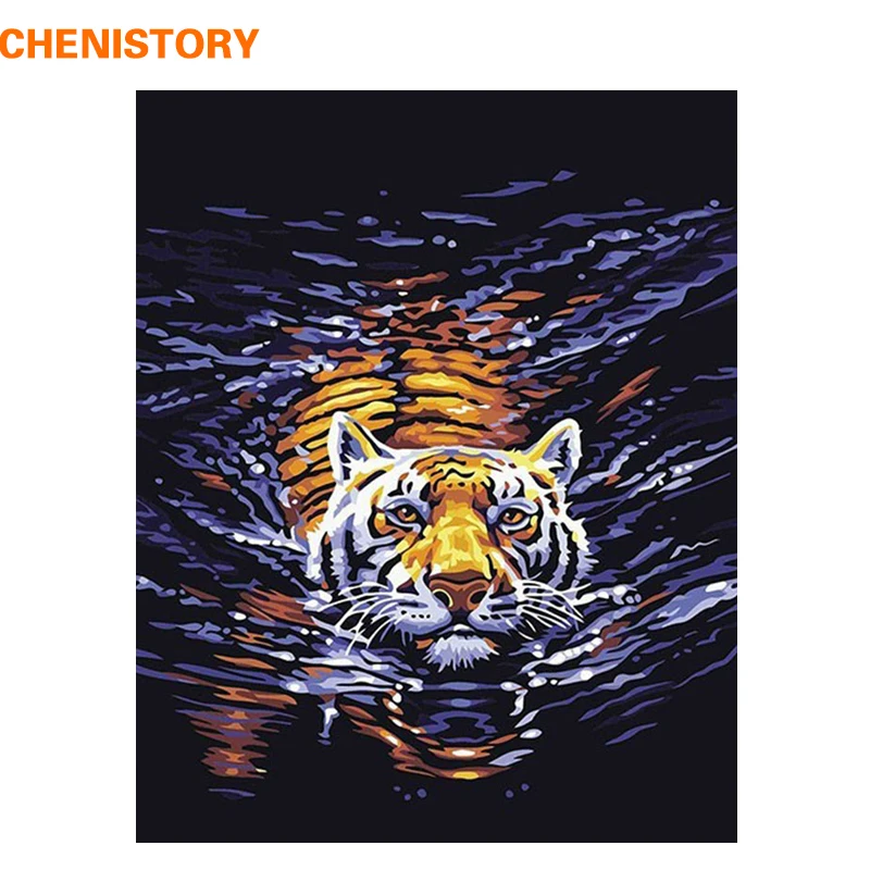 CHENISTORY Plavanje Tiger DIY Digitalni Olje, Barvanje Z Številkami Doma Dekoracijo Stenskih slikah, Kompleti Akril Slikarstvo Na Platno