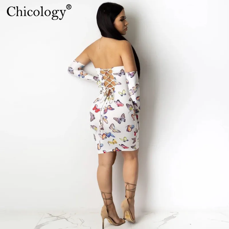 Chicology metulja print off ramenski moda mini obleka seksi bodycon obleko, ženske 2020 poletne ulične stranka club oblačila