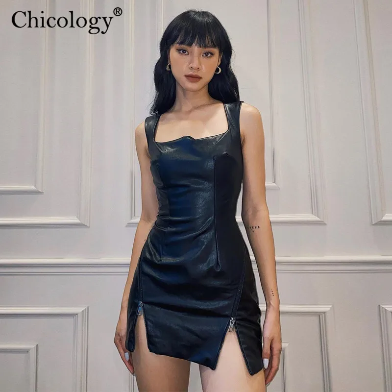 Chicology Y2K Pu Usnje Kvadratnih Ovratnik Split Mini Obleka Ženske Sexy Klub Stranka Bodycon Obleke 2020 Jeseni, Pozimi Modna Oblačila