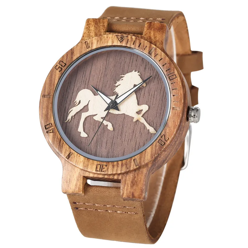 Classic Lesa Primeru Quartz uro Gibanje za Moške Edinstvenega Tri-dimenzionalni Konj obrnite gumb za izbiro vzorcev Lesene Watch Usnje Pasu ročno uro