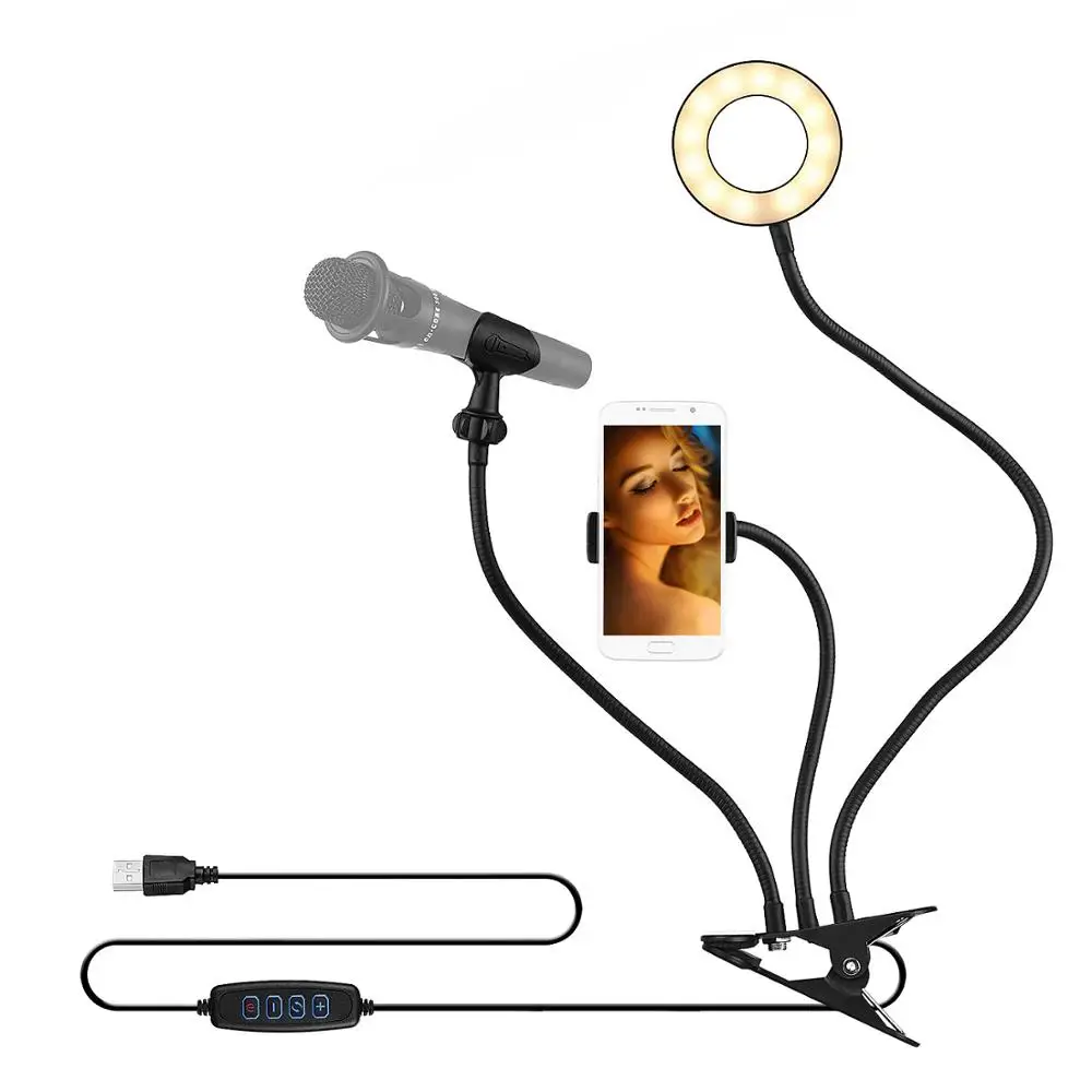 Clip-On USB Obroč Svetlobe Izpolnite Svetilka, Mobilni Telefon, Mikrofon Držalo za YouTube Pametni Live Streaming Video Selfie Ličila