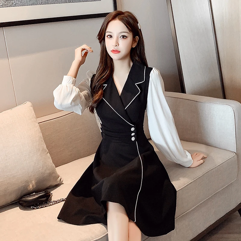 COIGARSAM Mozaik Ženske enodelno obleko korejski Novo Pomlad Visoko Pasu Obleke Črne 3663