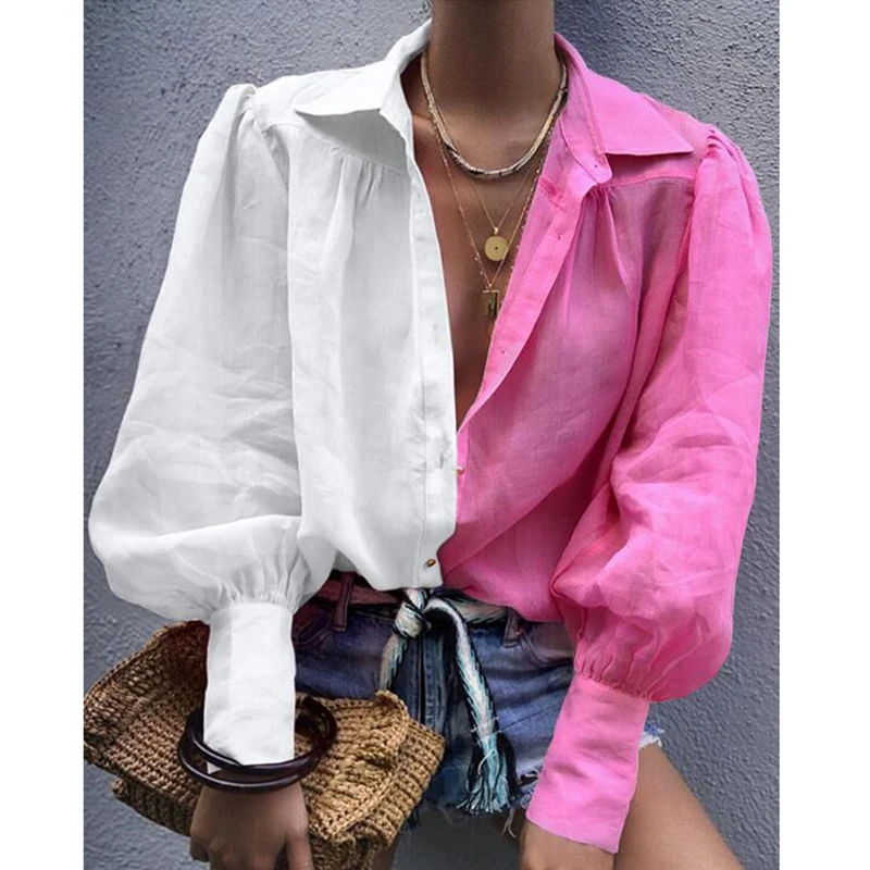 Colorblock luč rokav t shirt weomen vrhovi Barva roza in bela mozaik znižuj ovratnik blusas femme Jeseni leta 2019 camiseta