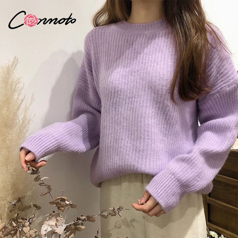 Conmoto Jeseni, pozimi žensk vijola pulover Priložnostne preprosta modna pleteni pulover Roza spusti rami rokav o-vratu jopica