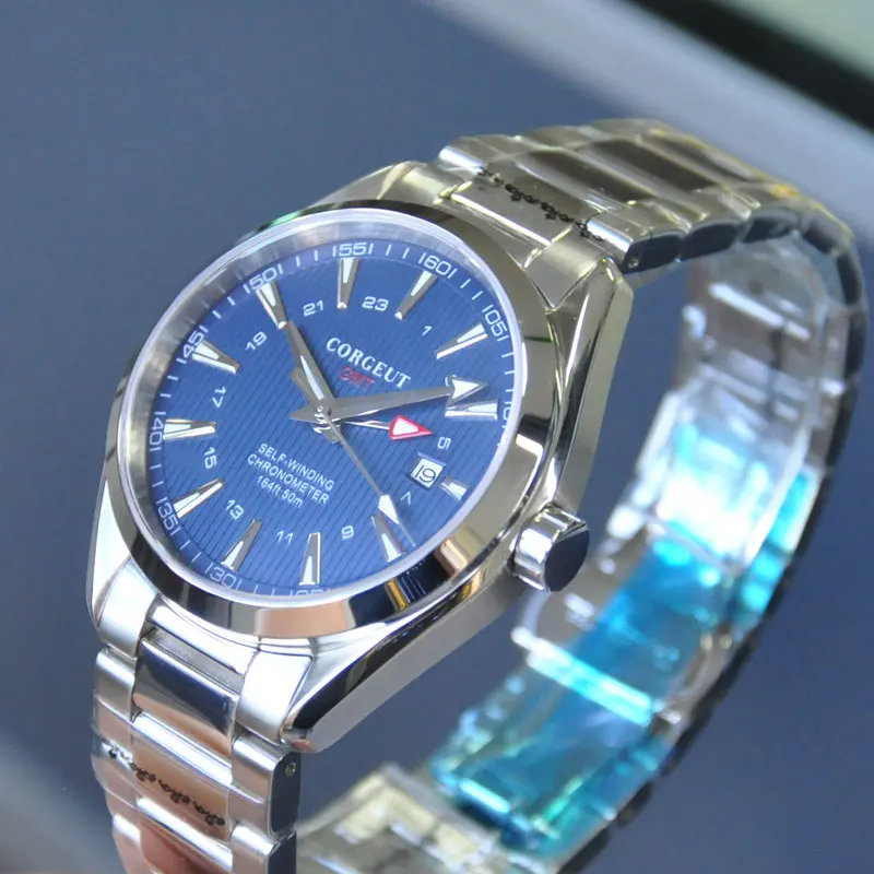 Corgeut 41mm modra številčnica GMT moški gledajo Automatic Mehanski Sapphire kristalno zapestnica 316ss jekla pasu mehansko ročno uro moški