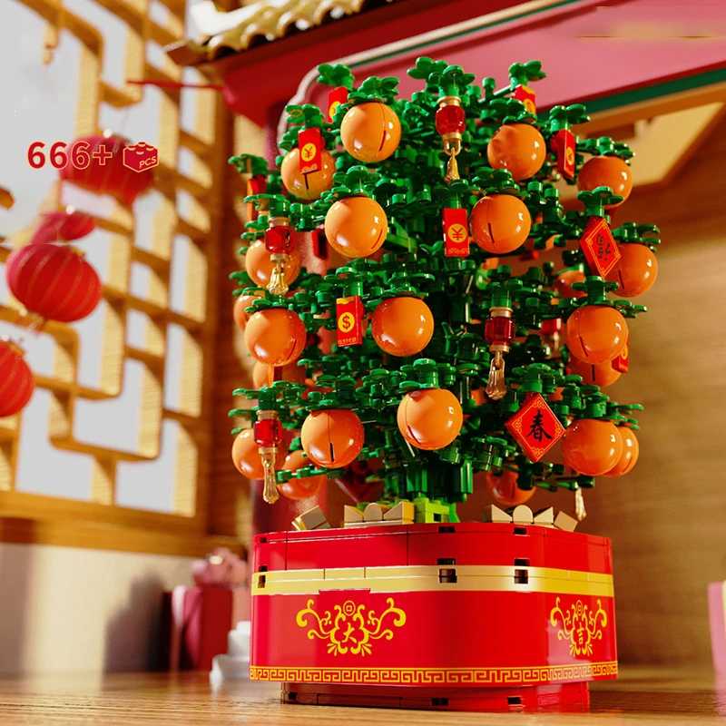 Cretor SEMBO Blok Novo Leto Orange Tree Gradnike S Svetlobo Božično Drevo 3D Modle Opeke Music Box Igrače Za Fante Darilo