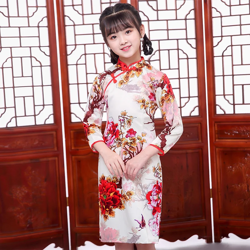 Cvetlični Kitajski Tradicionalni Slog obleko Dekleta cheongsam qipao Novo Leto Srčkan Baby Pomladni Festival Stranka Dolg rokav Obleke