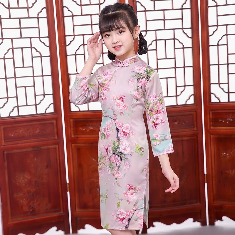 Cvetlični Kitajski Tradicionalni Slog obleko Dekleta cheongsam qipao Novo Leto Srčkan Baby Pomladni Festival Stranka Dolg rokav Obleke