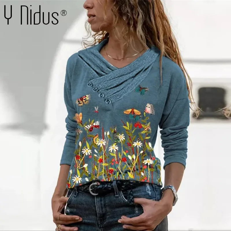 Cvjetnim Natisne Ženske Gumb Mozaik Proti-Vrat Bluze 2021 Pomlad Geometrijo Majica Dolg Rokav Vrh Plus Velikost Jeseni Bluzo 3XL