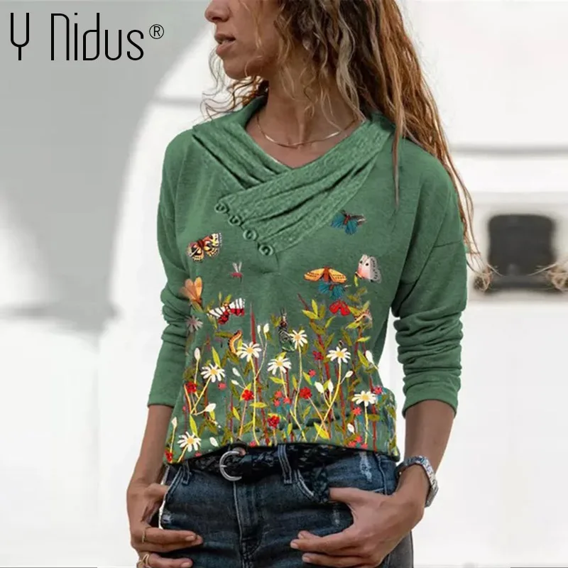 Cvjetnim Natisne Ženske Gumb Mozaik Proti-Vrat Bluze 2021 Pomlad Geometrijo Majica Dolg Rokav Vrh Plus Velikost Jeseni Bluzo 3XL