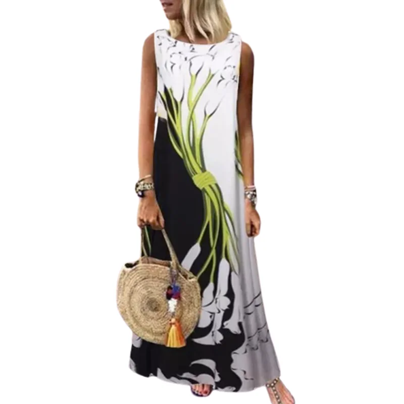 Cvjetnim Tiskanja Ženske Bohemian Maxi Obleko brez Rokavov 2020 Novo Poletno Sonce, Plaža Obleko Plus Velikost S-5XL Boho Obleke Vestidos de mujer