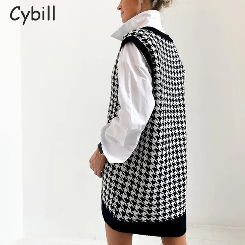 CybillHoundstooth Pulover Obleko Mini Ženske 2020 Priložnostne V Vratu Jeseni, Pozimi Naravnost Obleko Knited Telovnik Obleke Za Ženske