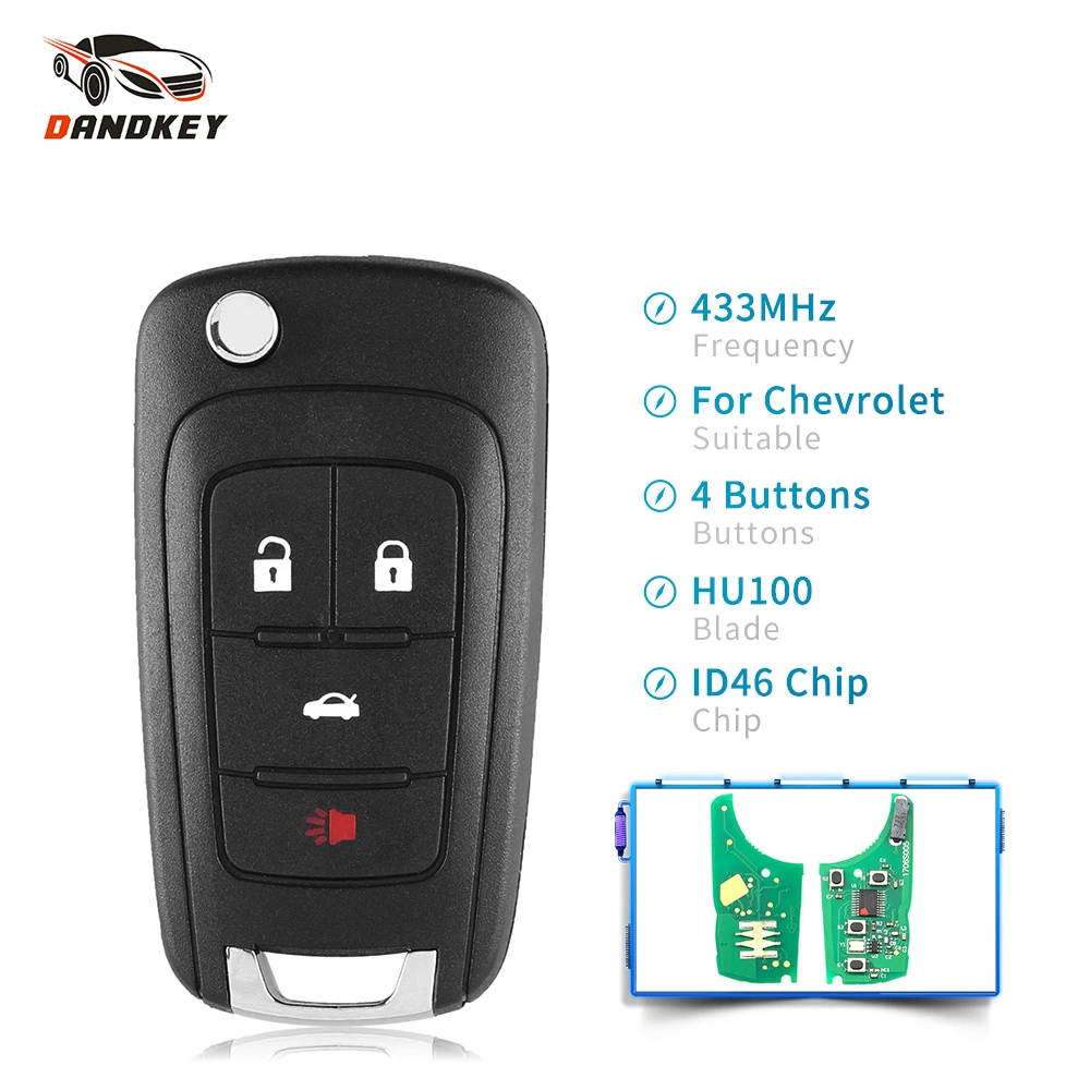 Dandkey Zložljiva Flip Smart Remote Key 433MHz ID46 Čip Nerezane Rezilo 4 Gumbi Za Chevrolet Aveo Cruze Orlando brez ključa-go