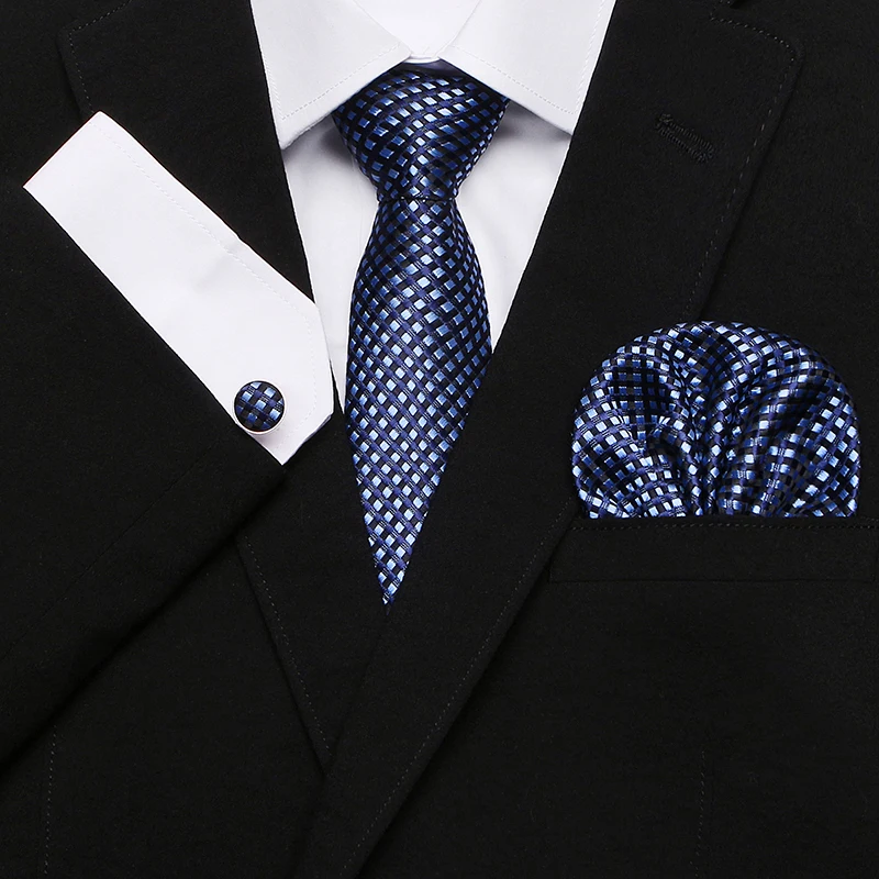 Darilo Polje modra kariran Kravato Hanky zapestne gumbe, Kompleti, za Moške Svile Vezi za moške Formalno svate Ženina poslovne skupine kravato