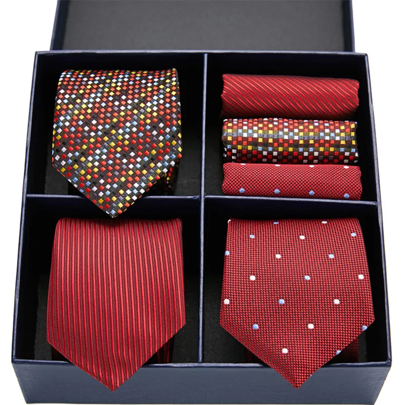 Darilo polje pakiranje Svile Vezi Za Moške Novost Hanky Set 3 Slogov za Moške Kravato Formalno Rdeče Cravat za Poroko Poslovnih Kravatni