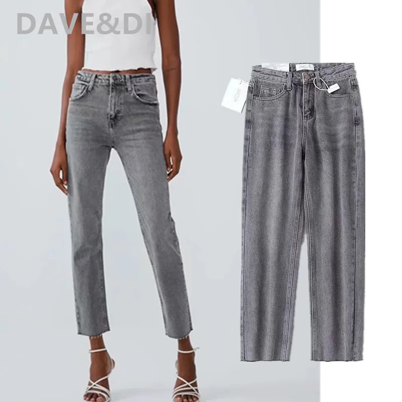 Dave&Di anglija slog osnovni trdna sivo letnik mama jeans ženska visok pas, jeans redno naravnost burrs fant jeans za ženske