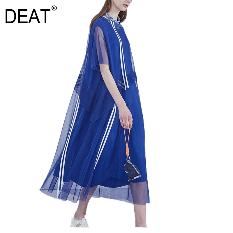 DEAT 2021 novo poletje moda za ženske obleke krog vratu, kratke rokave modro črtasto organza ohlapno obleko