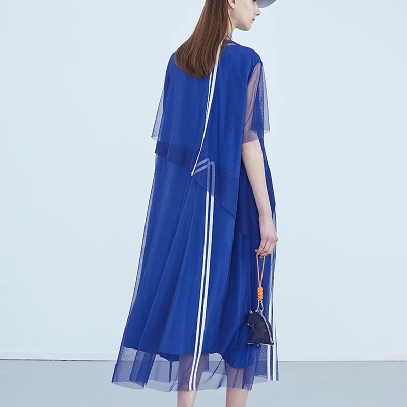 DEAT 2021 novo poletje moda za ženske obleke krog vratu, kratke rokave modro črtasto organza ohlapno obleko