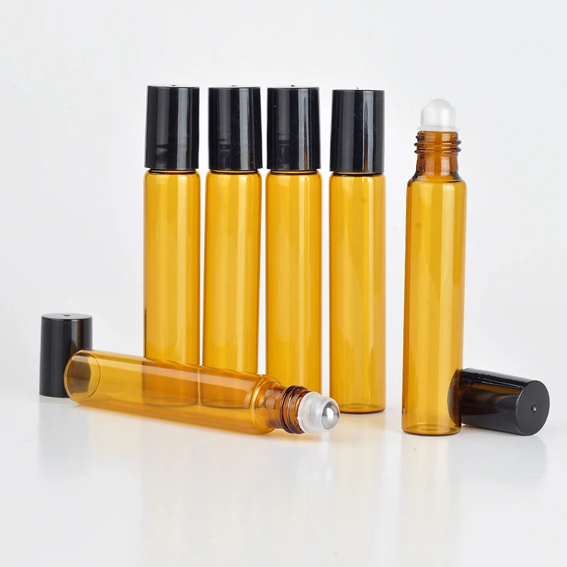 Debelo 100Pieces/Lot 10 ML Roll Na Prenosni Oranžna Stekla ponovno napolniti Stekleničke Parfuma Prazno Eterično Olje Primeru S Plastično Zaporko