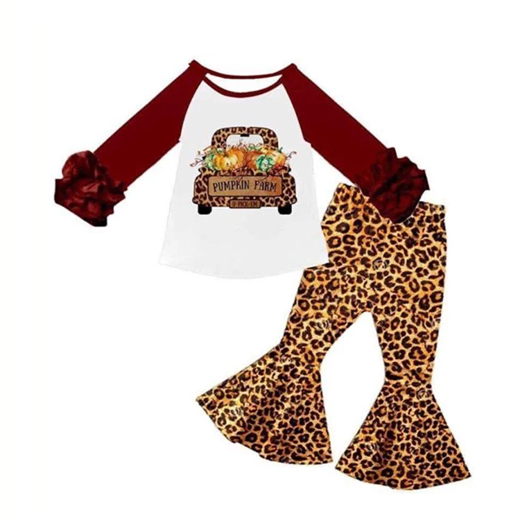 Debelo dekleta in otroke z rdečimi listi Top + leopard tiskanja trobenta hlače jeseni oblačila za otroke suit20