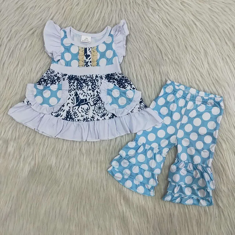 Debelo Otroci Modi Otroci Oblačila Baby Dekleta Kratek Rokav Modre Pike Žep Cvet Vrh Ruffle Dolge hlače Obleke, Kompleti