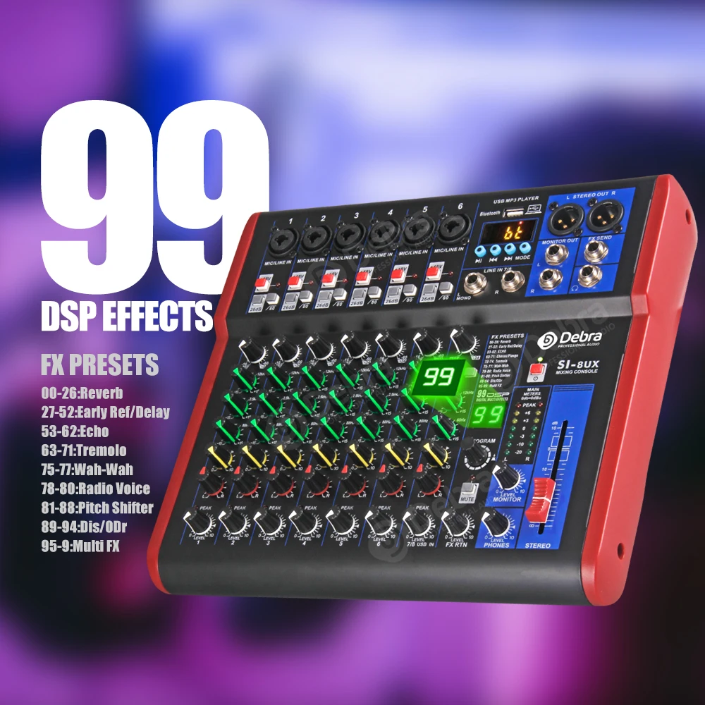 Debra Pro 8 Kanalni DJ Controlle z 99DSP Reverb efekt Bluetooth 5.0 USB Mešalnik USB za karaoke PC snemanje kondenzator mikrofon